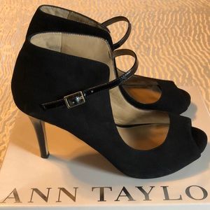 Ann Taylor Black Suede Ankle Strap Peep Toe Heels